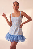 Corsetto blu collo quadrato pizzo e schiena abito bodycon Jacquard bodycon con volant