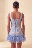 Corsetto blu collo quadrato pizzo e schiena abito bodycon Jacquard bodycon con volant