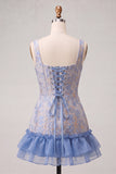 Corsetto blu collo quadrato pizzo e schiena abito bodycon Jacquard bodycon con volant