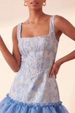 Corsetto blu collo quadrato pizzo e schiena abito bodycon Jacquard bodycon con volant