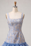 Corsetto blu collo quadrato pizzo e schiena abito bodycon Jacquard bodycon con volant