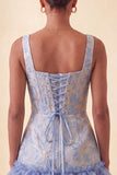 Corsetto blu collo quadrato pizzo e schiena abito bodycon Jacquard bodycon con volant
