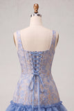 Corsetto blu collo quadrato pizzo e schiena abito bodycon Jacquard bodycon con volant