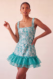 Corsetto blu collo quadrato pizzo e schiena abito bodycon Jacquard bodycon con volant