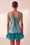 Corsetto blu collo quadrato pizzo e schiena abito bodycon Jacquard bodycon con volant