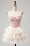 Corsetto A Pink Sweetheart Jacquard con lacci sul retro Abito del cocktail a livelli