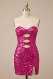 Sweetheart Fucsia Keyhole Bodycon Abito di cocktail con paillettes scintillanti con fessura