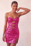 Sweetheart Fucsia Keyhole Bodycon Abito di cocktail con paillettes scintillanti con fessura