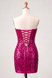 Sweetheart Fucsia Keyhole Bodycon Abito di cocktail con paillettes scintillanti con fessura