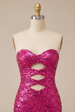 Sweetheart Fucsia Keyhole Bodycon Abito di cocktail con paillettes scintillanti con fessura