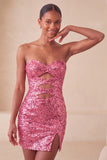 Sweetheart Fucsia Keyhole Bodycon Abito di cocktail con paillettes scintillanti con fessura