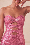 Sweetheart Fucsia Keyhole Bodycon Abito di cocktail con paillettes scintillanti con fessura