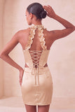 Corsetto Halter Bodycon Verde Menta Abito Corto di Ritorno a Casa con Apertura Corta