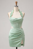 Corsetto Halter Bodycon Verde Menta Abito Corto di Ritorno a Casa con Apertura Corta