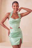 Corsetto Halter Bodycon Verde Menta Abito Corto di Ritorno a Casa con Apertura Corta