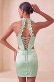 Corsetto Halter Bodycon Verde Menta Abito Corto di Ritorno a Casa con Apertura Corta