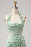 Corsetto Halter Bodycon Verde Menta Abito Corto di Ritorno a Casa con Apertura Corta