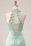 Corsetto Halter Bodycon Verde Menta Abito Corto di Ritorno a Casa con Apertura Corta