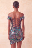 Abito di cocktail con Champagne Scintillante e Bodycon Spuntato a Spalla con Paillettes