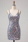 Body con luccicanti argento con pizzo sul retro Abito corto di cocktail con paillettes