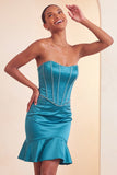 Abito corto di cocktail blu con perline senza spalline e volant Bodycon Lake Blue