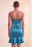 Abito corto di cocktail blu con perline senza spalline e volant Bodycon Lake Blue