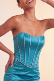 Abito corto di cocktail blu con perline senza spalline e volant Bodycon Lake Blue