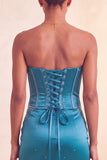 Abito corto di cocktail blu con perline senza spalline e volant Bodycon Lake Blue