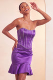 Abito corto di cocktail blu con perline senza spalline e volant Bodycon Lake Blue