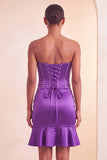 Abito corto di cocktail blu con perline senza spalline e volant Bodycon Lake Blue