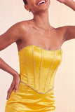 Abito corto di cocktail blu con perline senza spalline e volant Bodycon Lake Blue