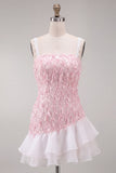 Abito corto di cocktail con paillettes rosa con volant e pizzo sulla schiena