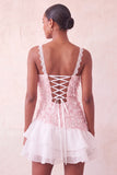 Abito corto di cocktail con paillettes rosa con volant e pizzo sulla schiena