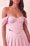 Corsetto rosa chiaro con spalle scoperte abito di cocktail a due pezzi con perline