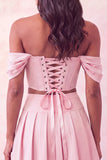 Corsetto rosa chiaro con spalle scoperte abito di cocktail a due pezzi con perline
