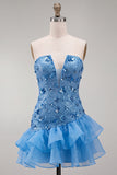 Abito corto di cocktail con paillettes blu bodycon con volant