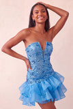 Abito corto di cocktail con paillettes blu bodycon con volant