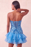 Abito corto di cocktail con paillettes blu bodycon con volant