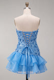 Abito corto di cocktail con paillettes blu bodycon con volant