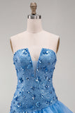 Abito corto di cocktail con paillettes blu bodycon con volant
