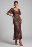 Sirena blu navy scintillante maniche svolazzanti Paillettes Midi abito madre della sposa con fessura