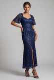 Sirena blu navy scintillante maniche svolazzanti Paillettes Midi abito madre della sposa con fessura
