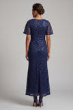 Sirena blu navy scintillante maniche svolazzanti Paillettes Midi abito madre della sposa con fessura