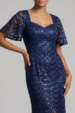 Sirena blu navy scintillante maniche svolazzanti Paillettes Midi abito madre della sposa con fessura