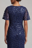 Sirena blu navy scintillante maniche svolazzanti Paillettes Midi abito madre della sposa con fessura