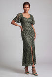 Sirena blu navy scintillante maniche svolazzanti Paillettes Midi abito madre della sposa con fessura