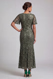 Sirena blu navy scintillante maniche svolazzanti Paillettes Midi abito madre della sposa con fessura