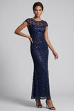 Abito midi di sirena blu navy con scollo rotondo e maniche a cappuccio