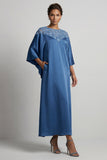 Abito midi Madre della Sposa Blu Sheath Neck Round Tree con paillettes