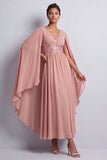 Abito midi midi madre della sposa in chiffon azzurro cielo a V-neck con maniche a mantello